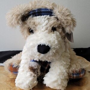 Plush Cream & Tan Puppy with Blue Plaid Hat - Soft Stuffed Animal